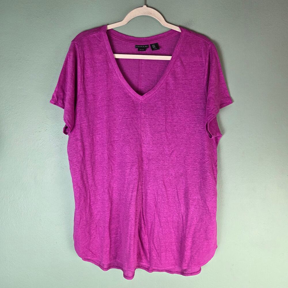 Tahari Womens Purple V-Neck Linen Short Sleeve Shirt 1X Lightweight Breathable